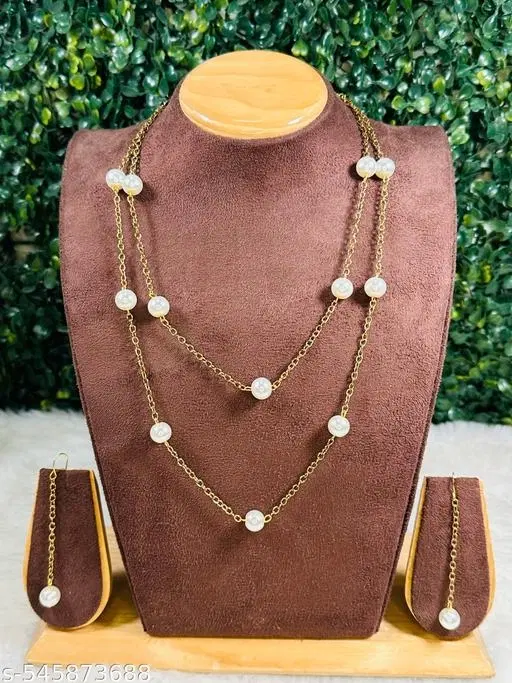 Handicraft Two Layer Long Chain Necklace for Women & Girls, White