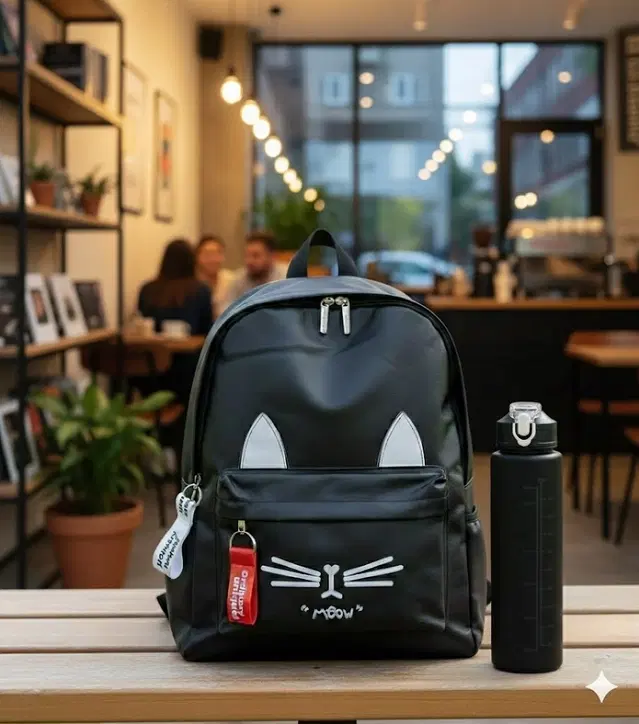 Polyester Backpack with Plastic Water Bottle Set for Men & Women, Black