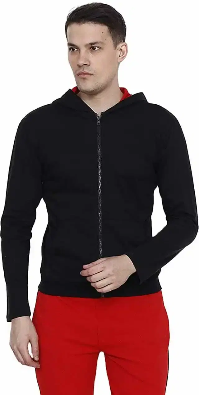 KRYPTAR Full Sleeve Pure Cotton Solid Sidhi Zip Hoodies (Black, L) (KPTR3079)