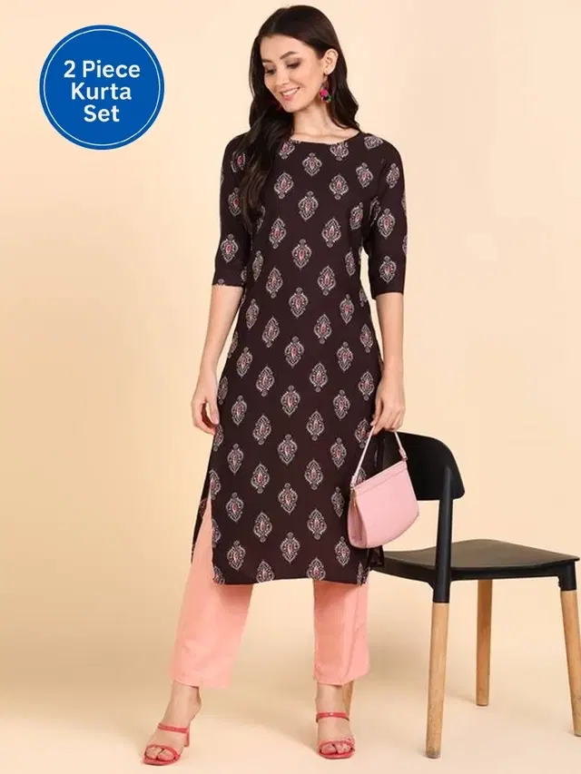 Crepe Block Print Women's Kurta with Pant Set, Brown (L)
