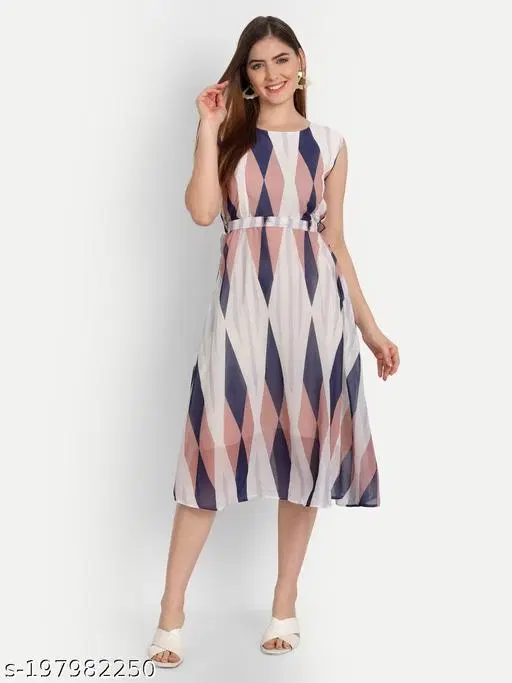 Printed A-Line Georgette Kurti for Women (White, S)