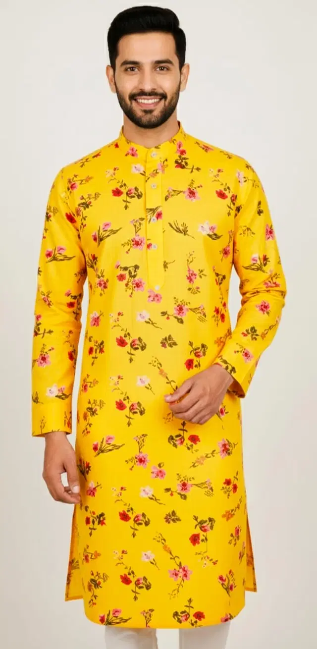 Cotton Blend kurta  For Men, Yellow (M)