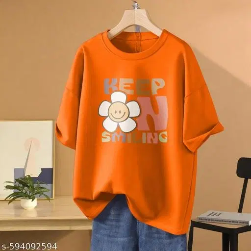 Cotton Blend Printed T-shirt for Women, Orange (XXS)