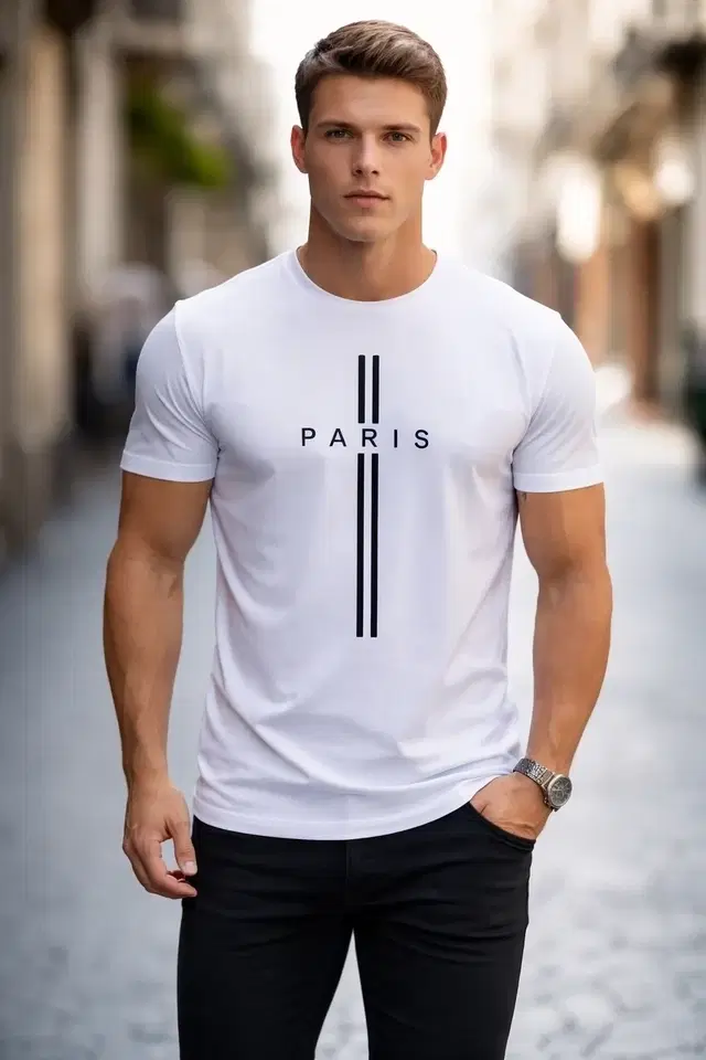 Round Neck Printed T-Shirts for Men (Polyester, M)