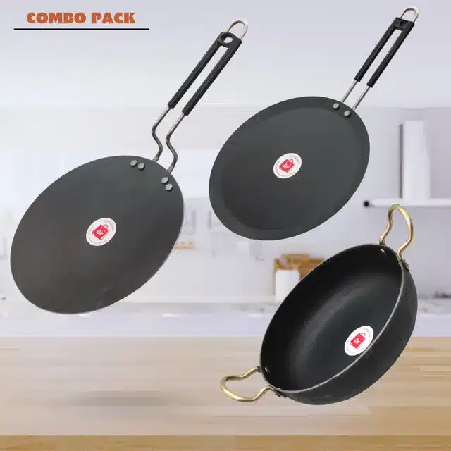 Frying Pan & Tawa Set, Pack of 3, Black, 1200 ml