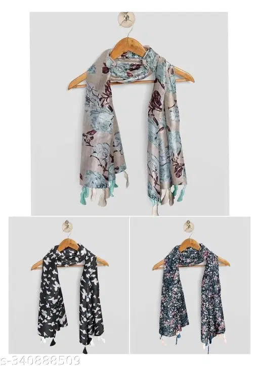 Poly Chiffon Printed Scarves for Women, Multicolor, Pack of 3