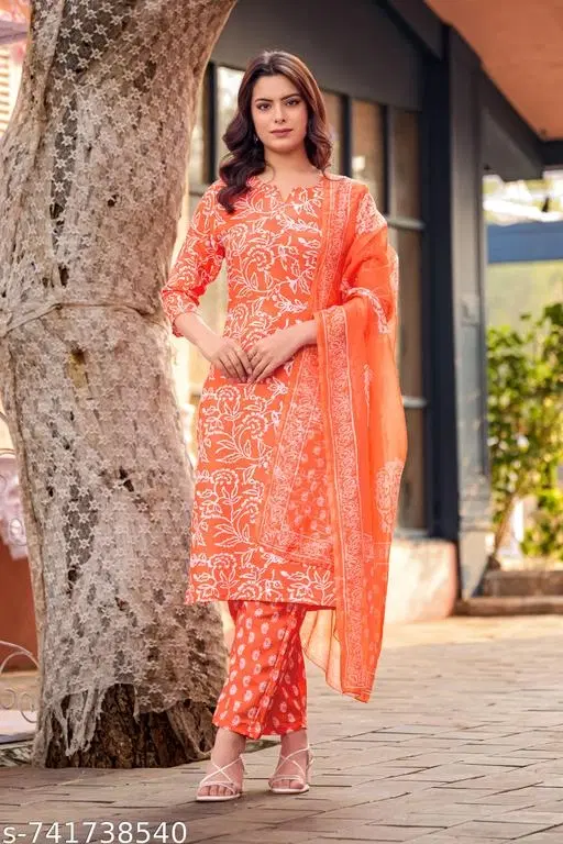Cotton Silk Printed Kurta With Paint & Dupatta Set for Women, Orange (XL)