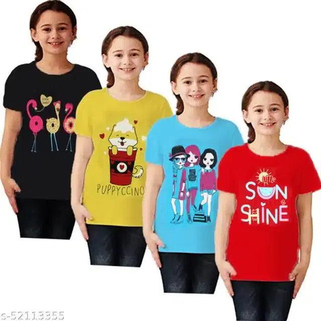 Cotton Half Sleeves T-Shirt for Girls, Pack of 4 (Multicolor, 6-7 Years)