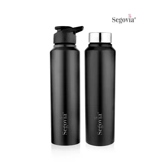 Stainless Steel Aqua Single Walled Water Bottle with Sipper Cap, Pack of 2, Black, 1000 ml, SS-20
