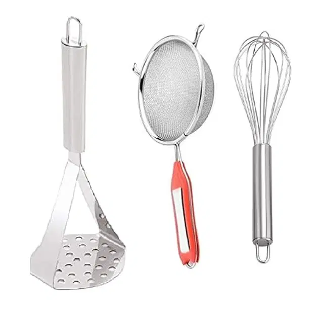 Stainless Steel Milk & Tea Strainer with Potato Masher & Balloon Whisk for Kitchen, Multicolor, Set of 3