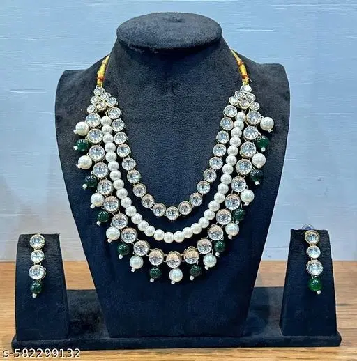 Three Layer Kundan Beaded Necklace Set, Green
