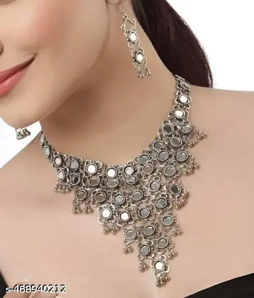 Latest stylish mirror silver oxidized jewellery set