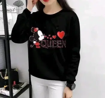 Round Neck Printed Sweatshirt for Women (Black, S)