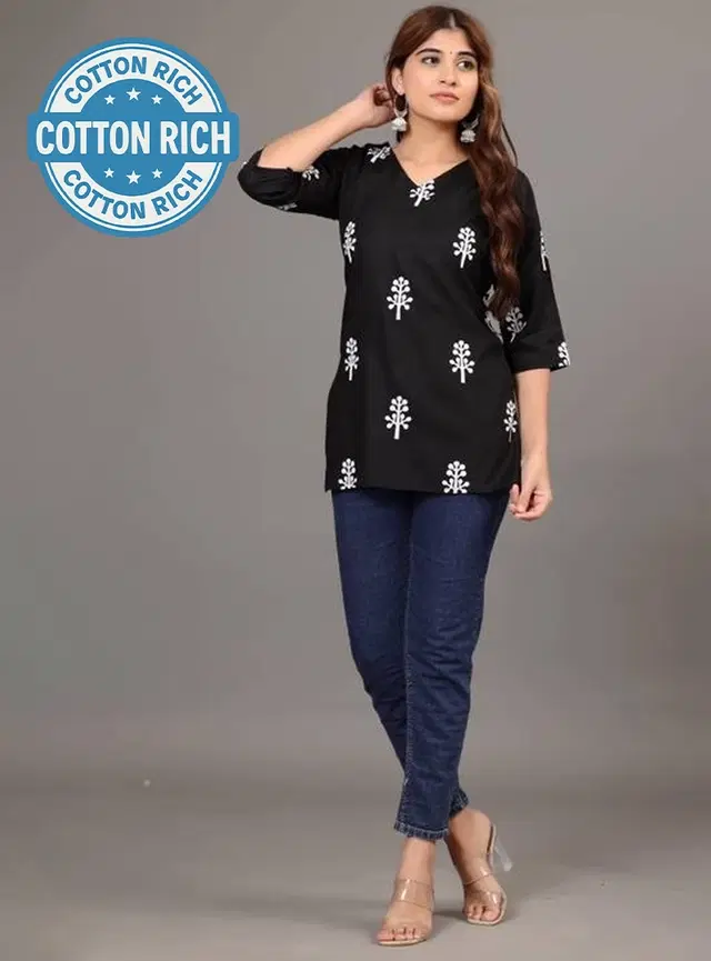 Cotton Blend Block Print Short Kurti for Women, Black (XS)