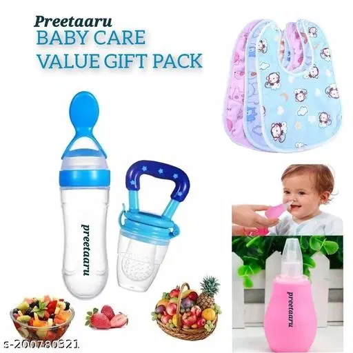 Yv Baby Gift Pack Combo Of Food Feeder,Fruit Feeder,Nose Cleaner And 3 Bibs