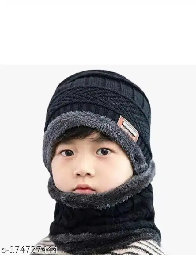 Woolen Winter Beanie Cap with Neck Warmer for Kids (Black, 5-14 Years)