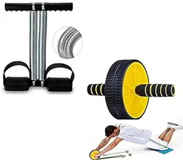 Combo of Double Spring Tummy Trimmer with Abs Wheel Roller, Multicolor, Set of 2