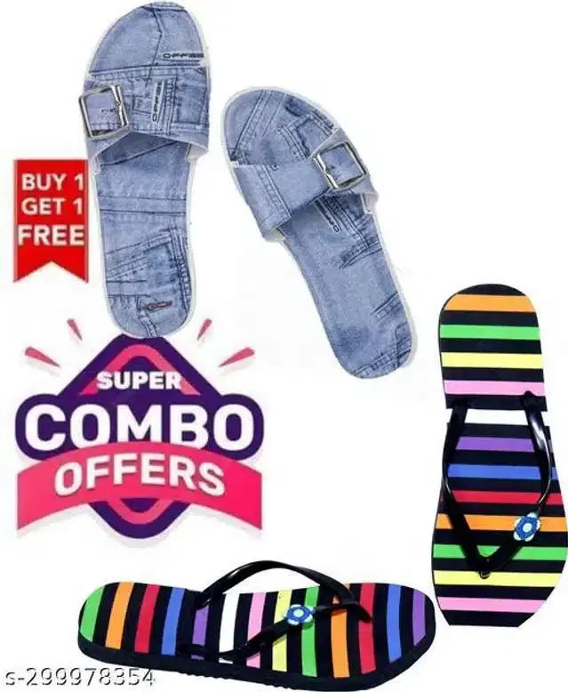 Slippers With Sliders for Women, Set of 2 (Multicolor, 7)