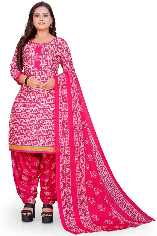 Cotton Suit Fabric with Dupatta for Women (Pink)