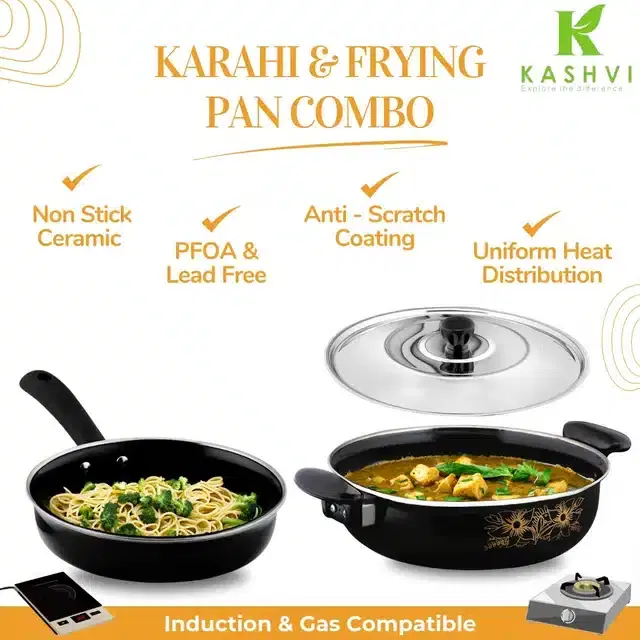 Non Stick Kadai with Stainless Steel Lid & Frying Pan, Black, Set of 2