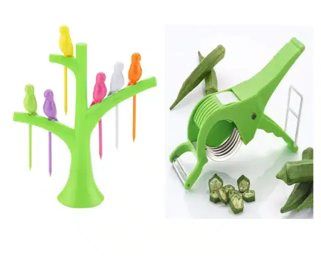 Bird Pattern Fork Set & Vegetable Cutter, Set of 2, Multicolor