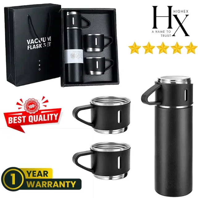 Flask Bottle with 2 Cups, Black, Set of 1