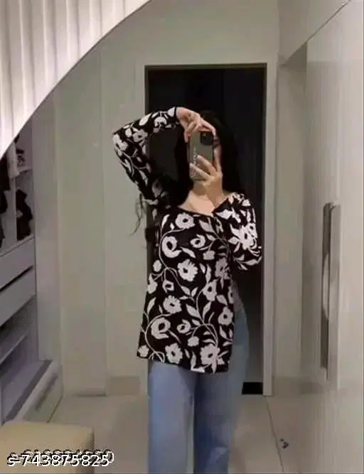 Rayon Printed Short Kurti for Women, Black (XS)