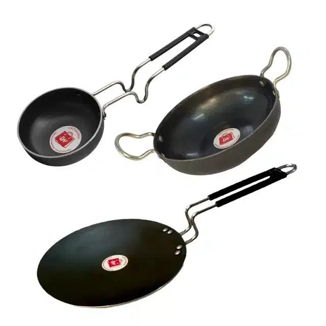 LAZYwindow Iron Deep Bottom Kadai with Grip Type Handle Tawa & Tadka Pan Combo, Black, Pack of 3