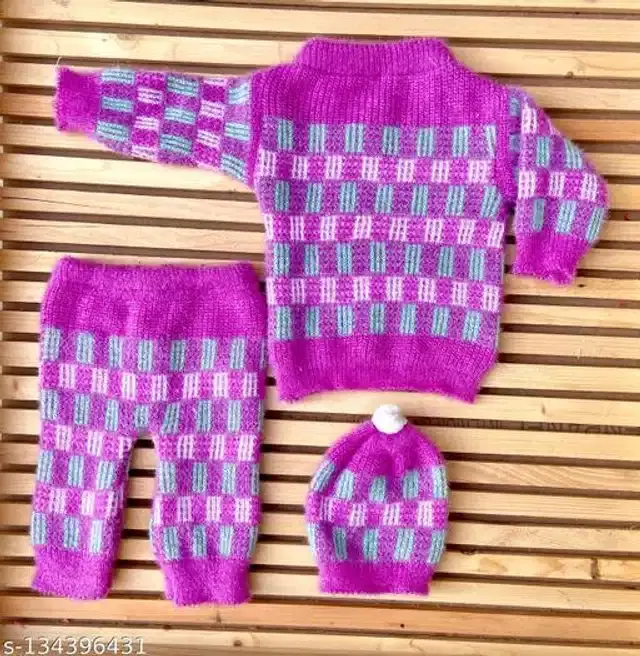Woolen Sweater with Pajama & Cap Set for Newborn Baby, Set of 1 (Assorted, 0-3 Months)