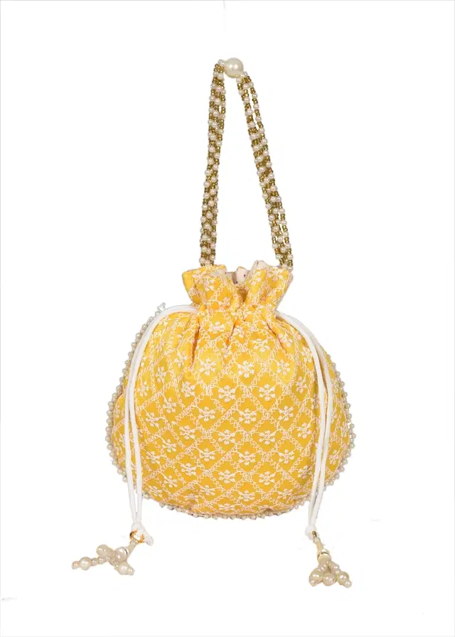 Silk Floral Ethnic Rajasthani Traditional Work Potli with Handle for Return Gifts, Yellow