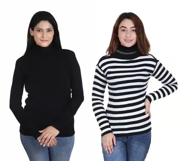 Full Sleeves Solid Sweater for Women, Pack of 2 (Black & White, S)
