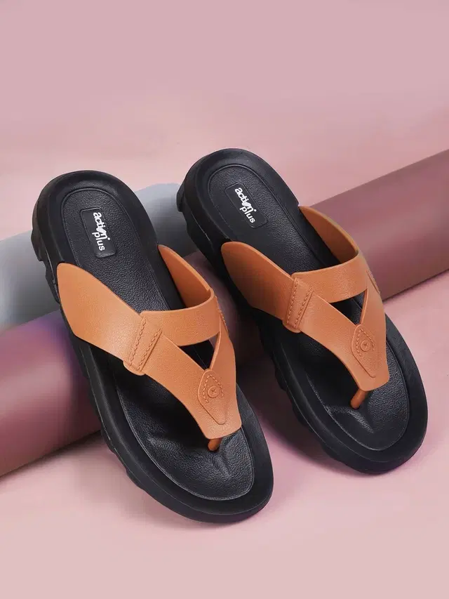action Flip Flops for Men (Black, Tan, 6)