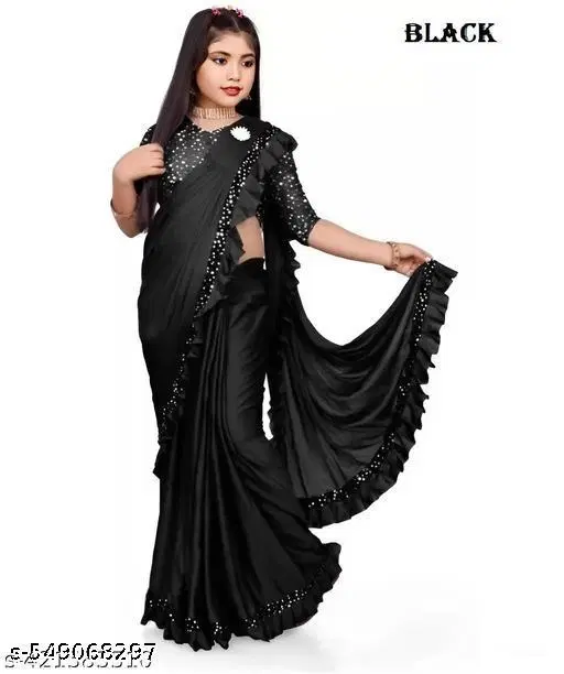 Lycra Saree for Girls, Black (13-14 Years)