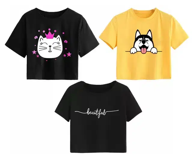 Cotton Printed Crop Tops for Girls, Pack of 3 (Multicolor, 11-12 Years)