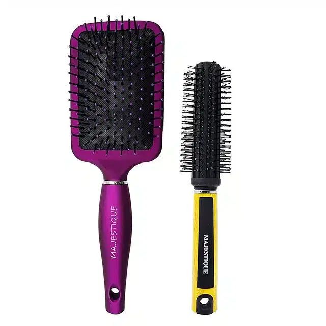 Majestique Paddle Hair Brush & Round Hair Brush for Blow Drying Men & Women, Combo of 2, B-49