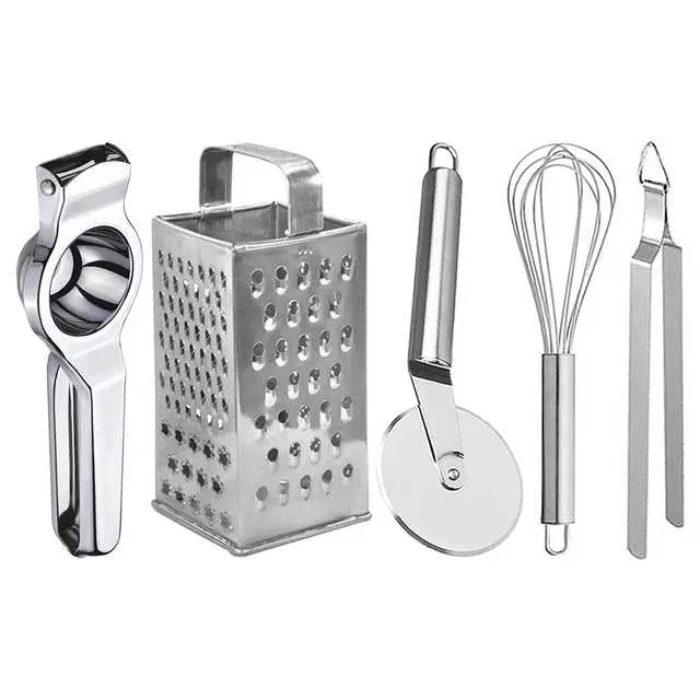 Oc9 Stainless Steel Lemon Squeezer & 4 in 1 Grater Or Slicer & Pizza Cutter & Egg Whisk & Roti Chimta Kitchen Tool Set, O-135