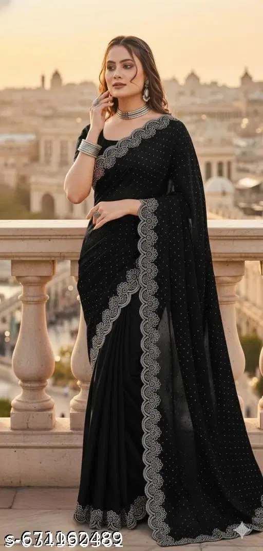 Georgette Solid Saree For Women, Black