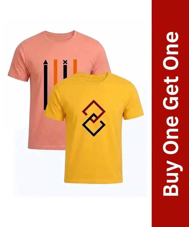 Men's Round Neck Printed T-Shirt, Buy 1 Get 1, Peach & Yellow, XL