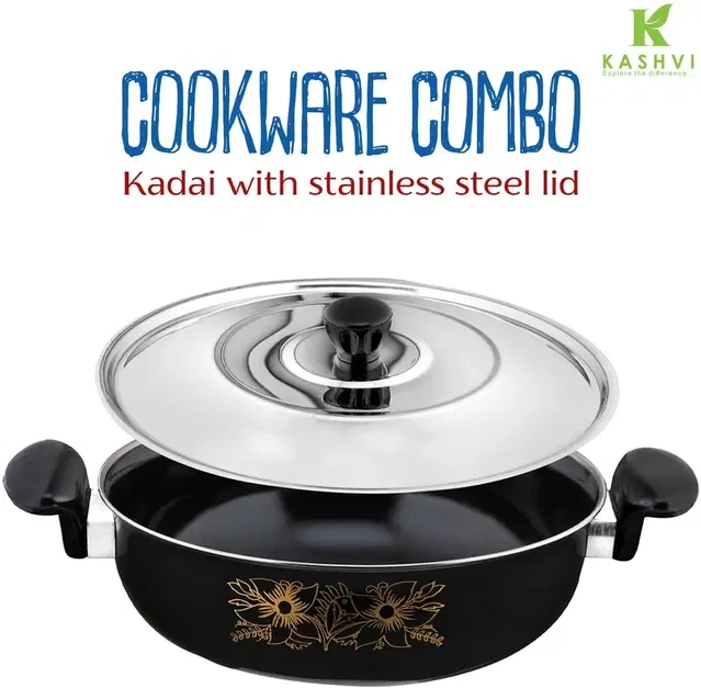 Cast Iron Kadai with Lid, Black & Silver, 28 cm