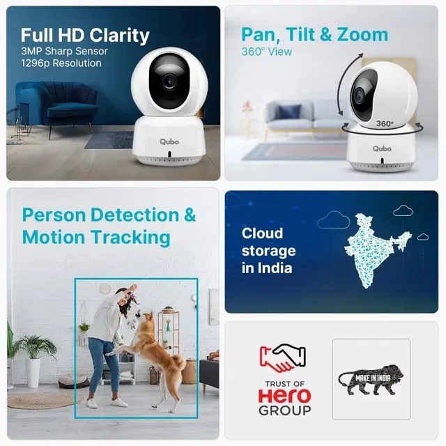 Qubo Smart 360 3MP 1296p WiFi CCTV Security Camera for Home from Hero Group | Mobile App | 2 Way Talk | Night Vision | Cloud & SD Card Recording | Made in India | Alexa & OK Google | 2024 New Launch |