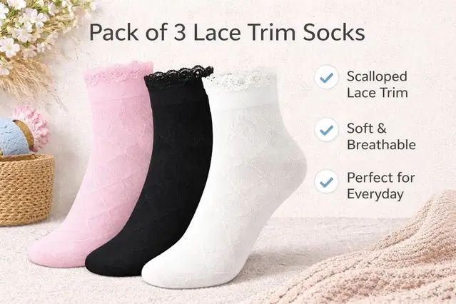 Solid Ankle Length Nylon Socks for Women ,Multicolor, Set of 3