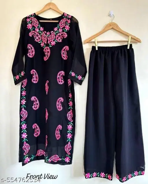 Georgette Embroidered Kurta & Paint Set For Womens, Black (M)