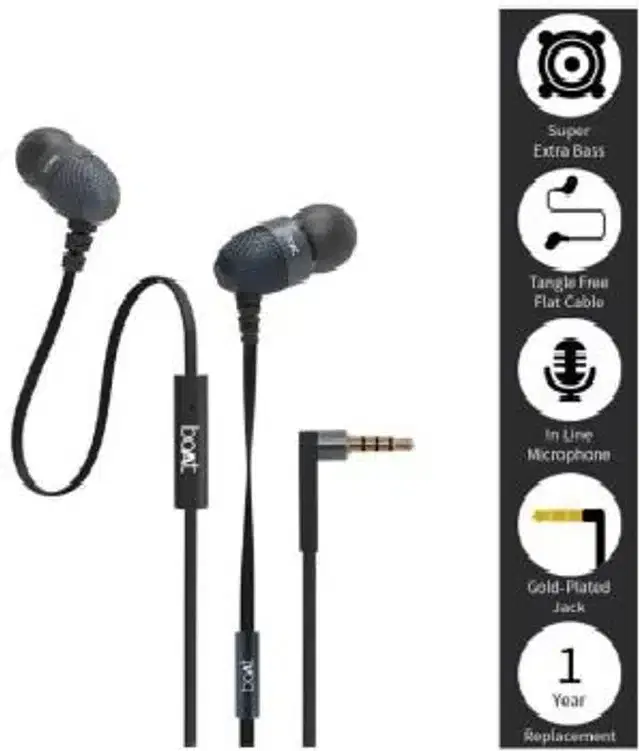 Boat Bassheads 225 In-Ear 3.5 mm Wired Earphone with Mic, Black