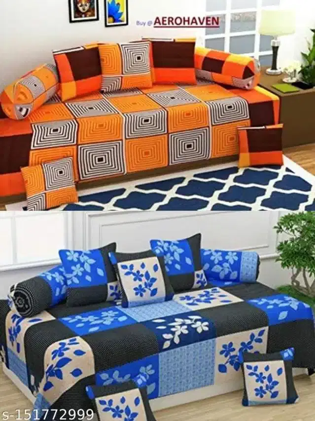 Polycotton Diwan Cover Set, Orange & Blue, Combo of 2