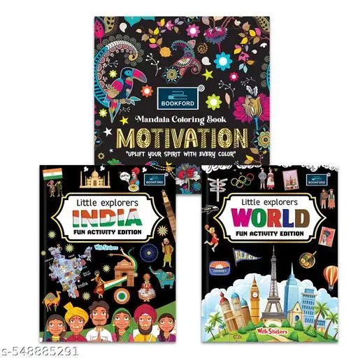 Little Explorers INDIA & WORLD Activity Editions with Stickers + Motivation Mandala Coloring Book – Set of 3 Creative & Uplifting Books for Kids