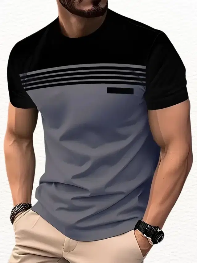 Round Neck Solid T-shirts for Men (Grey & Black, M)