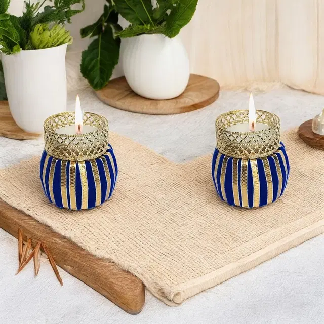 Metal Designer Tealight Candle Holder, Blue, 4.5x4.5x5 cm, Pack of 2