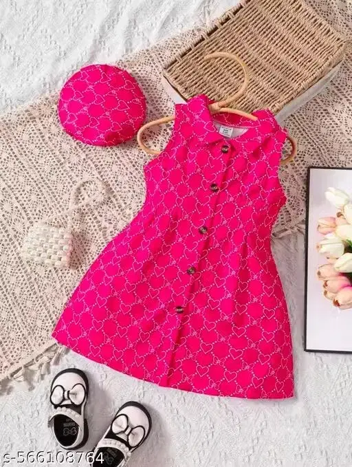 Girls Frocks & Dresses Round neck  Pink Cotton Blend(6-12 M)