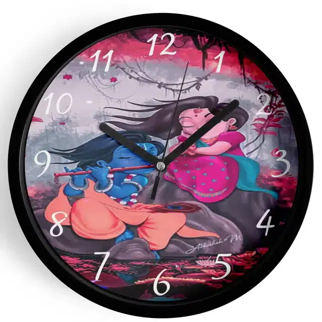 Analog Lord Krishna Wall Clock for Home, Black, 7 Inches