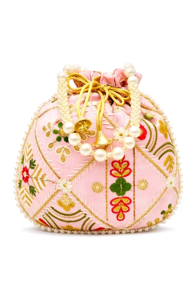 Handcrafted Embroidered Silk Potli Bag, Baby Pink
